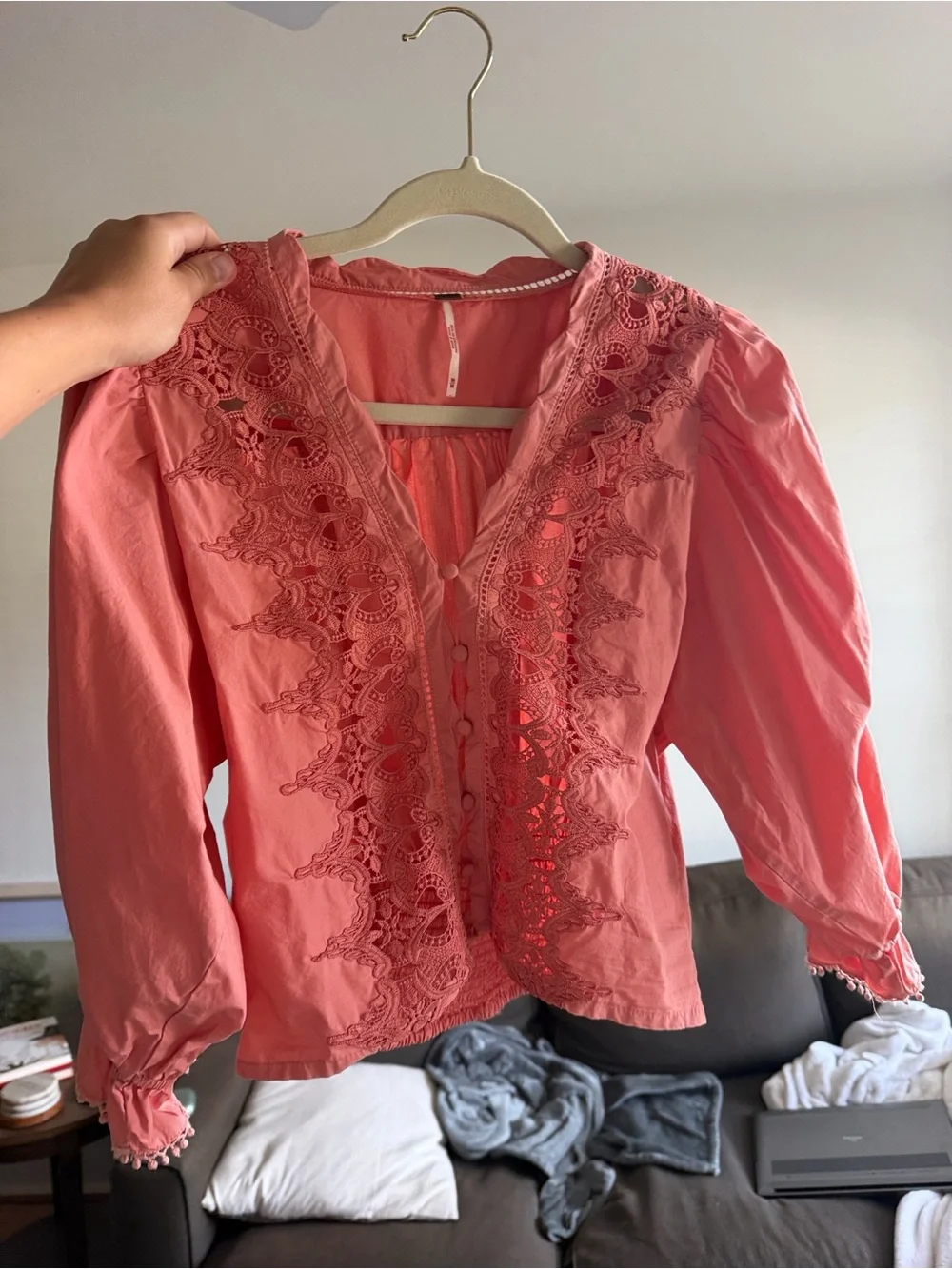 Free People Coral Lace-Trim Button Front Blouse